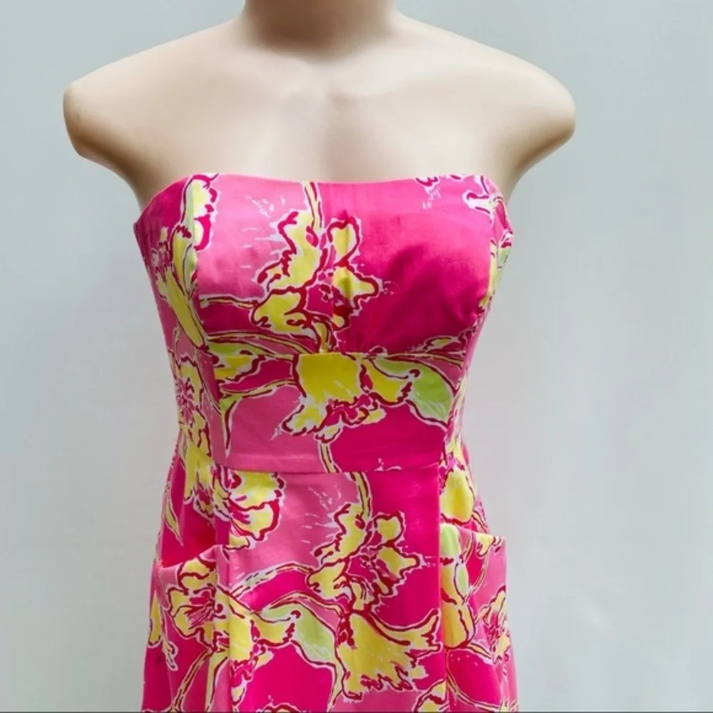Lilly Pulitzer Strapless Fit & Flare Dress Pink Yellow Floral Size 2 - Picture 5 of 12